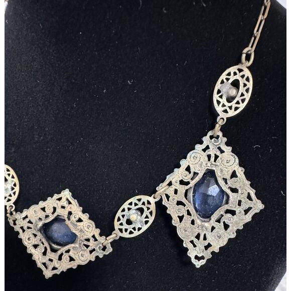 Antique Victorian Czech Blue Glass Filigree Bib Choker Necklace - Picture 10 of 14